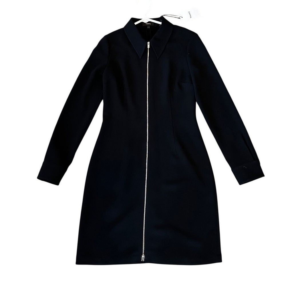 Theory Admiral Crepe Zip Front Shirt Dress Black Long Sleeve Size 6‎